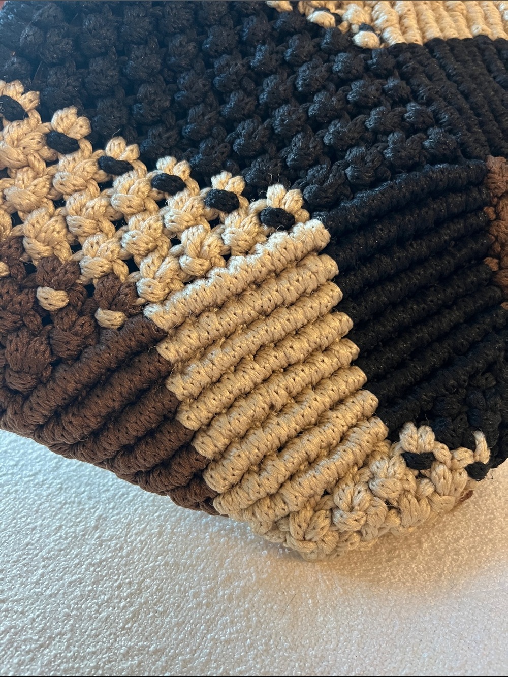 Handmade VINTAGE Crochet Tote Bag with Brown, Black & Cream Panels - Picture 4 of 4